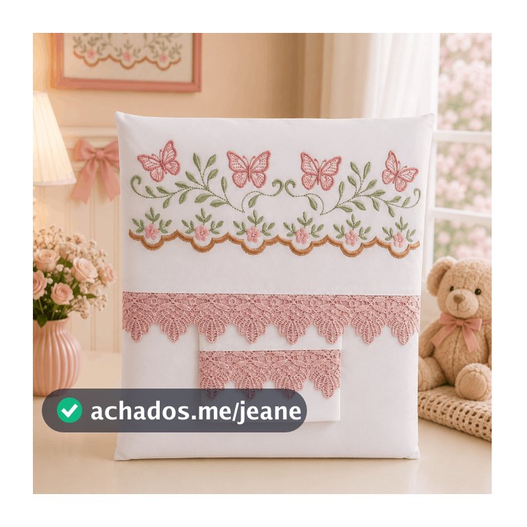 Lençol de Berço Americano com Elástico 100% Algodão 200 Fios 3 Peças Menina Borboletas Flores
