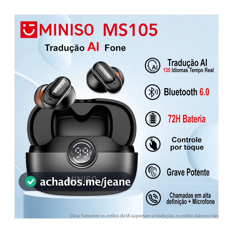 Miniso MS105 AI Tradução Fone De Ouvido Bluetooth 6.0 TWS 165 Tempo Real Tradução Idiomas Controle Por Toque Microfone