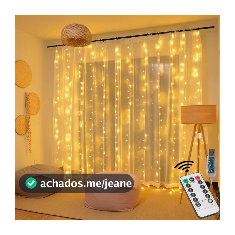3x3m Decoração de Natal Cortina de luzes LED USB com 300 LEDs, com comando, 8 modos de iluminação, 127/220V.
