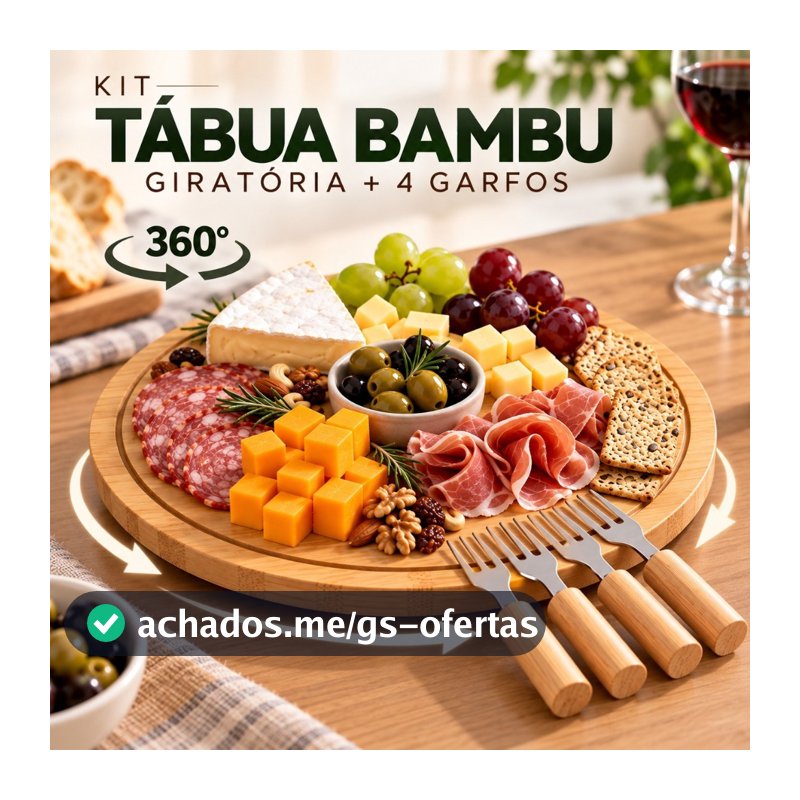 Petisqueira Giratória Bambu 28cm Tábua Frios Bandeja Petiscos Mesa Posta Café da Manhã 360 Cozinha Decoração