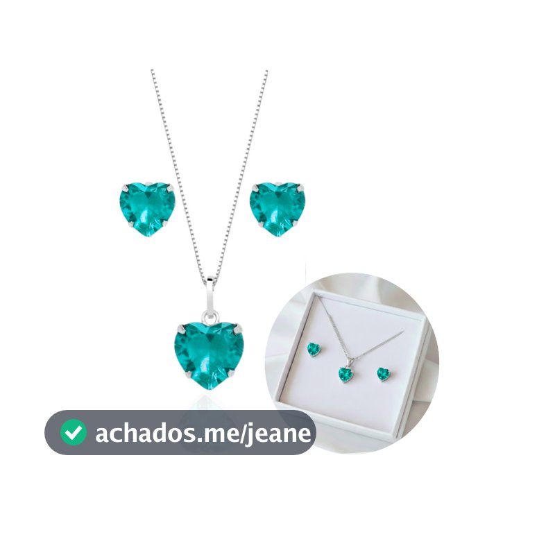 Colar E Brinco Coração Brilhante Verde Turmalina Cravejado Prata 925 Premium Antialérgico