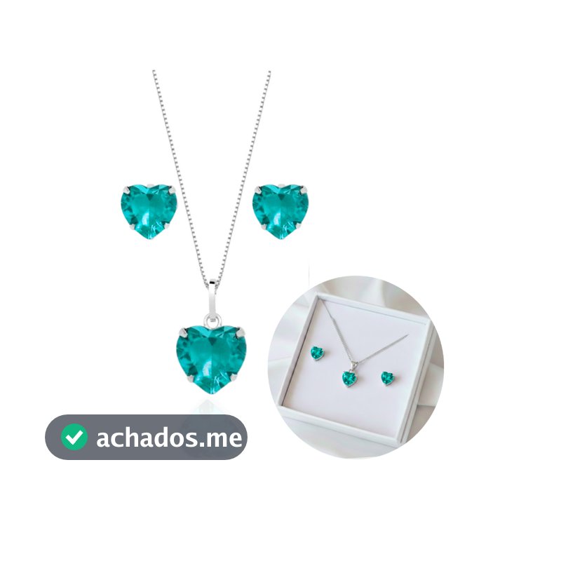 Colar E Brinco Coração Brilhante Verde Turmalina Cravejado Prata 925 Premium Antialérgico