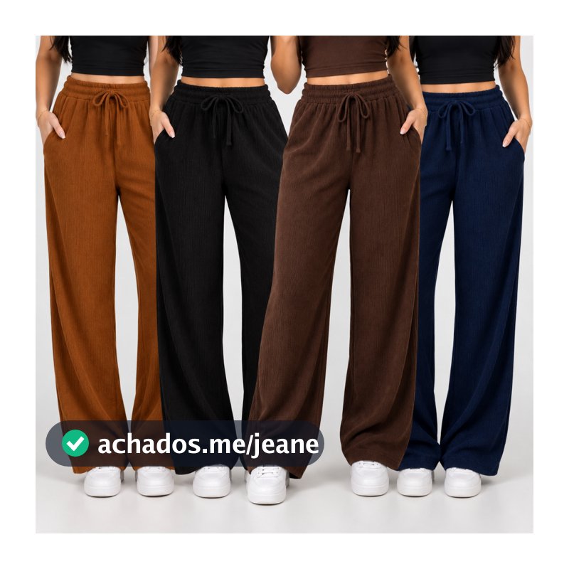 Calça Pantalona Feminina Cintura Alta Elegante Wide Leg Canelada Casual Confortável Para Mulheres Estilosa Com Bolso