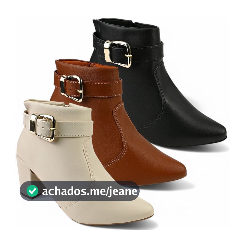 Bota Feminina com Fivela Removível Cano Curto com Ziper Salto Grosso Bico Fino Dia das Mães