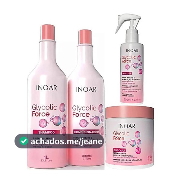 Kit Inoar Glycolic Force Shampoo 1l+Condicionador 800 ml+Máscara 500gr+Leave-in 200 ml