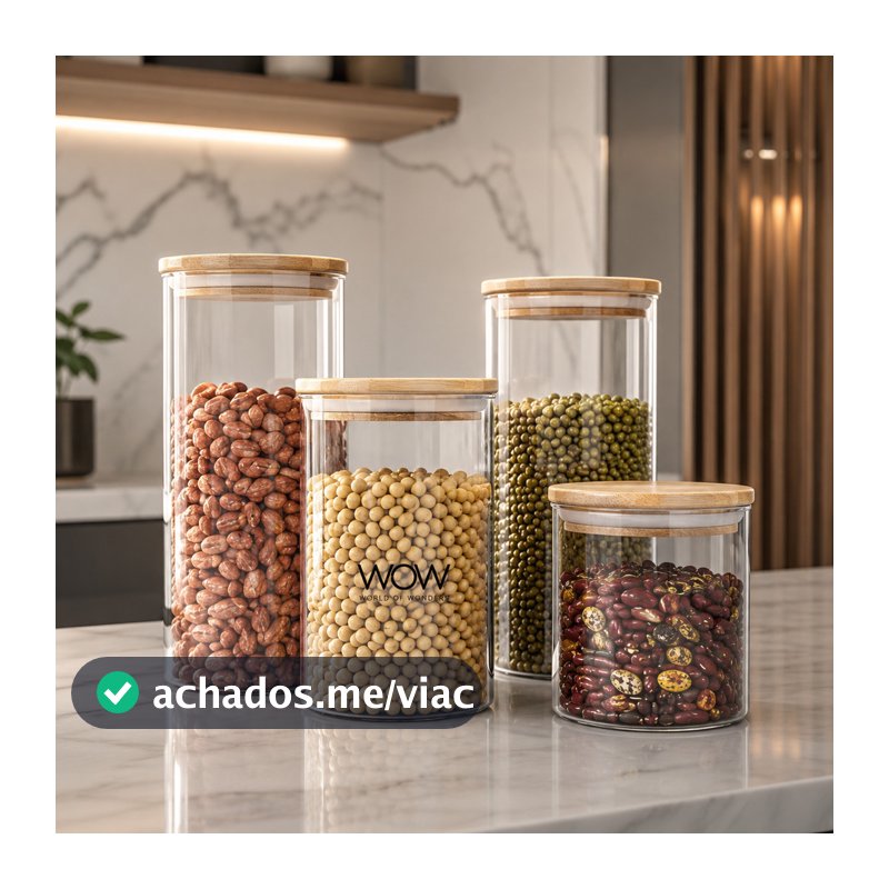 Kit 4 Potes Herméticos Tampa Bambu Organizador Mantimentos Cozinha