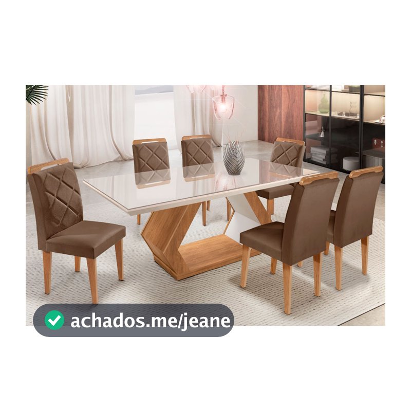 Conjunto Mesa Alvorada 180 Tampo Mdf e Vidro Canto Reto 6 Cadeiras Rufato