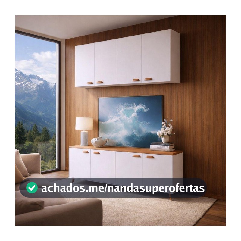 Buffet Aparador Branco 120cm 4 Portas + Armário Aéreo 4 Portas