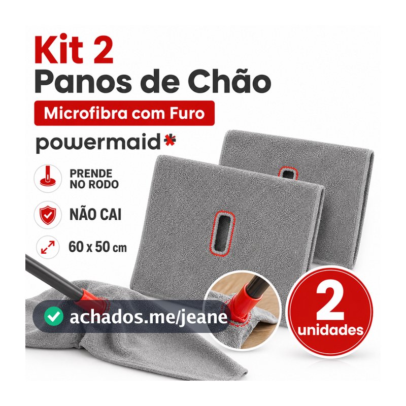 Kit 2 Panos de Chão Microfibra com Furo 60x50cm Powermaid Rodo