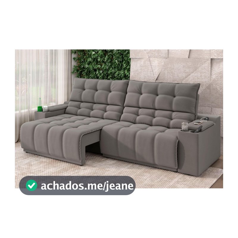 Sofá Connect Premium 2,00m Assento Retrátil/Reclinável com porta copos e entrada USB Suede Cinza