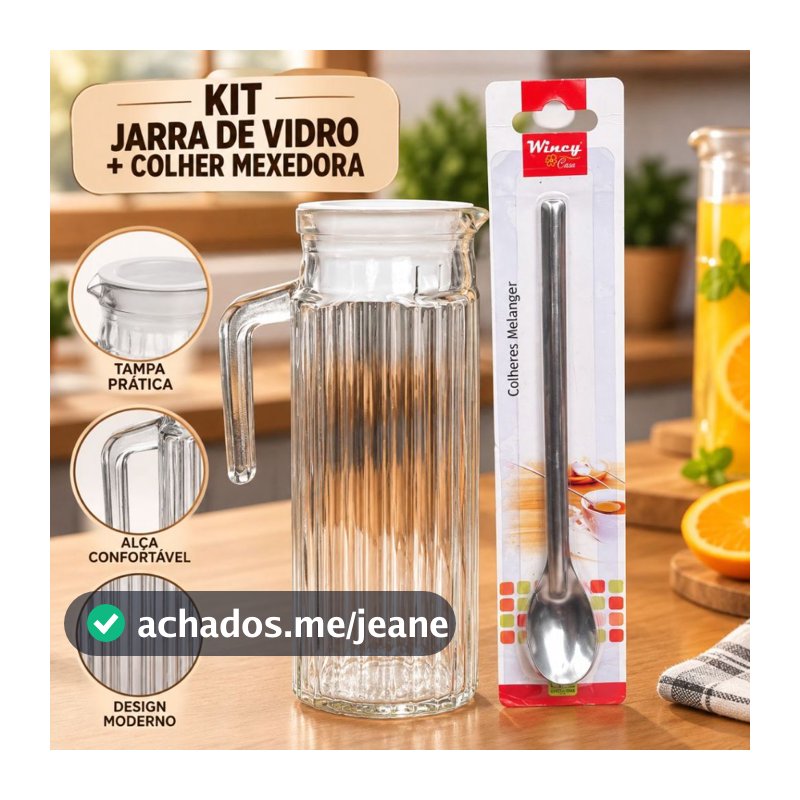 Kit Jarra de Vidro Canelada com Tampa + Colher Mexedora Longa Inox para Sucos e Bebidas