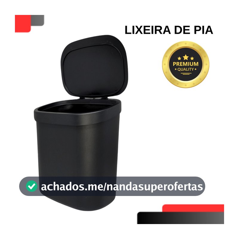 Lixeira de Pia 3,5L Cozinha Com Tampa em 90 graus Preta