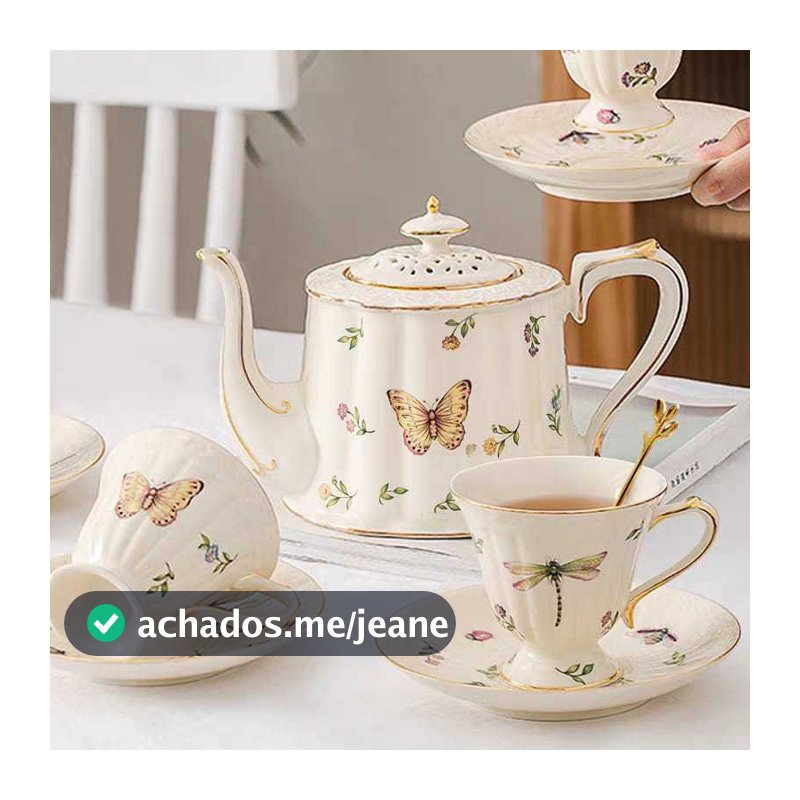 Bule de Cerâmica para Chá Cafe Xicara Com Pires de Porcelana Estampada Borboleta libélula Vintage Mesa Posta Decor