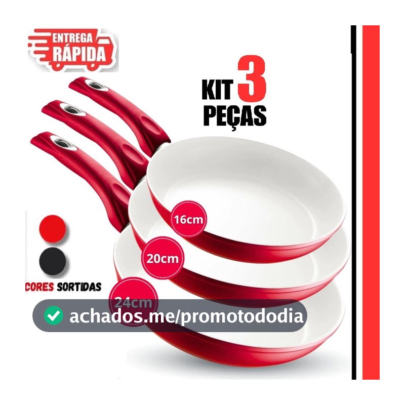 Kit 3/2/1 Frigideiras 16cm 20cm 24cm, em Cerâmica Antiaderentes  Cabo Ergonômico Revestimento Cerâmico PRETO OU VERMELHO