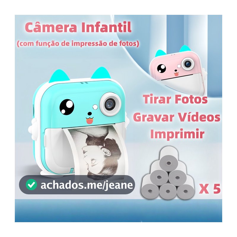 Câmera Infantil com Impressão Imediata Vídeo Fotografia Digital, Brinquedo e Mini Impressora Térmica