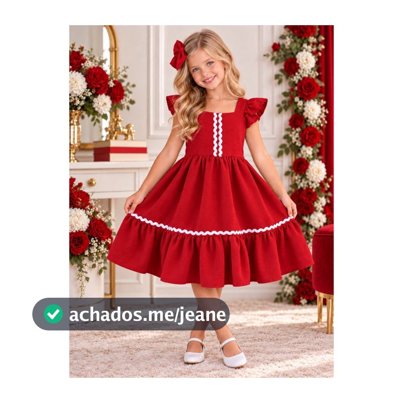 Vestido Infantil Menina Natal Ano Novo Reveillon Rodado com Babado + Laço Cabelo Festa Casamento Aniversário Princesa