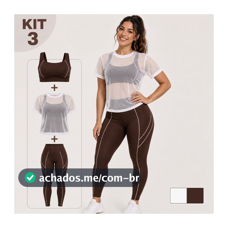 Conjunto Fitness Feminino 3 Peças Calça Legging + Top + Blusa Tule Academia Cintura Alta