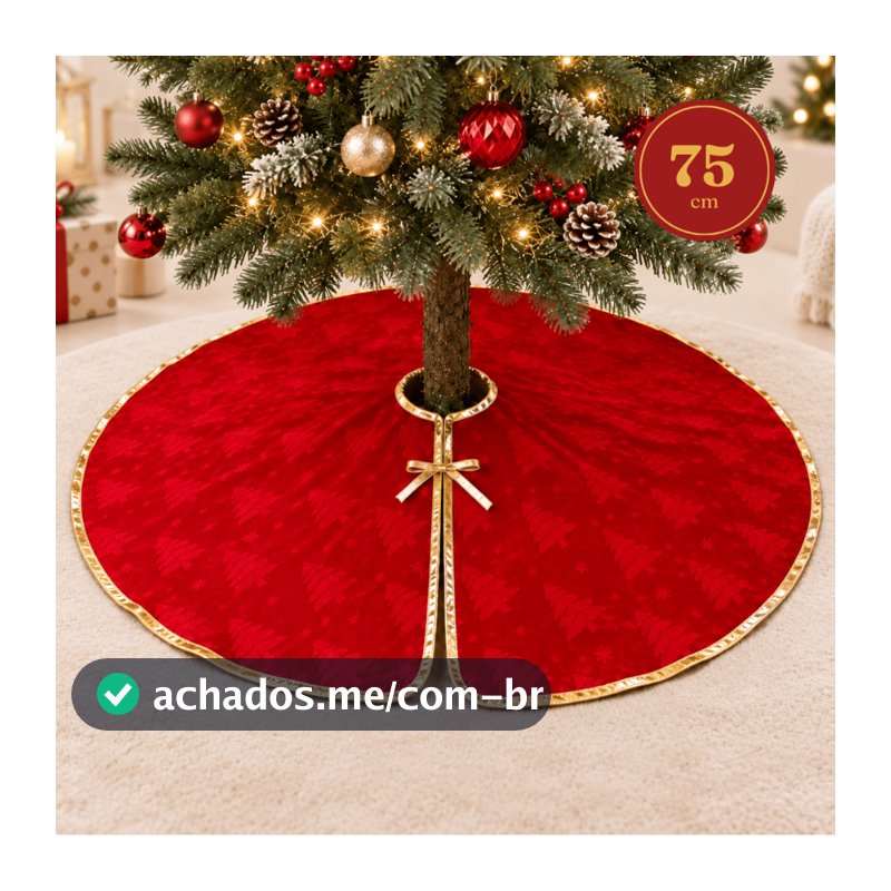 Saia para Árvore de Natal Redonda 75cm Feltro Vermelha e Dourado Base Decorativa com Laço