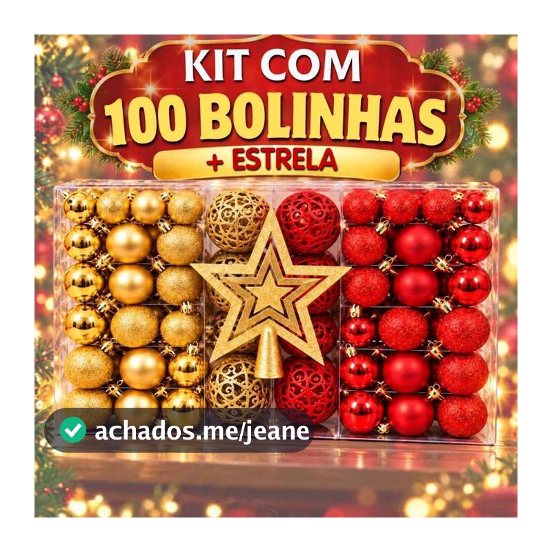 Kit 100 Bolas Natal Com Estrela Brinde Ponteira Flor Enfeite  Decoração Árvore Mista Fosca Lisa Vermelha Dourada
