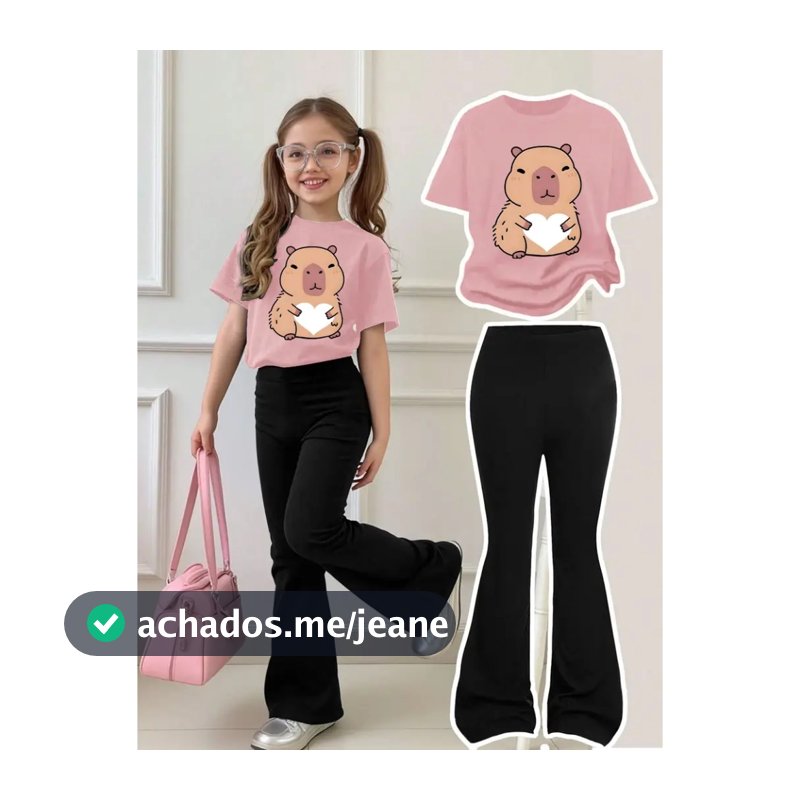 conjunto infantil memina calça flare+camiseta casual e fofa capybara oferta
