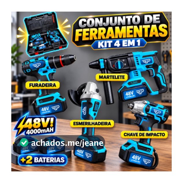 Kit 4 Ferramentas Elétricas Parafusadeira Chave de Impacto Martelete Esmerilhadeira 2 Baterias 48V