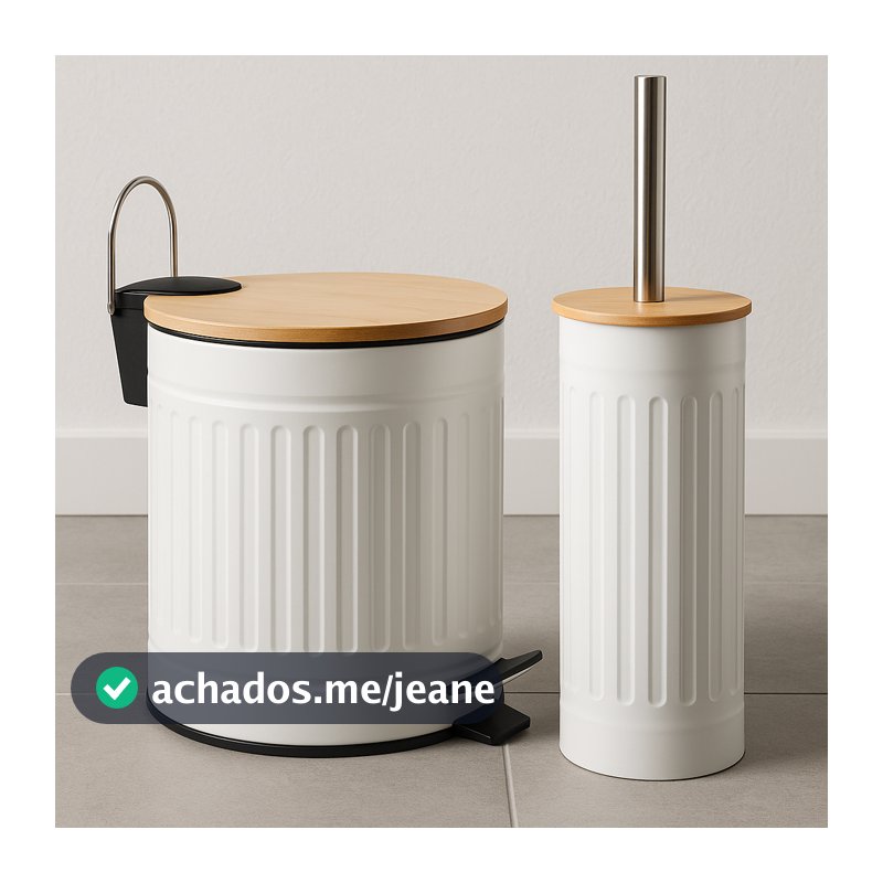 Kit Lixeira 5l Metal Branca Tampa Bambu + Escova Sanitária Alta Qualidade