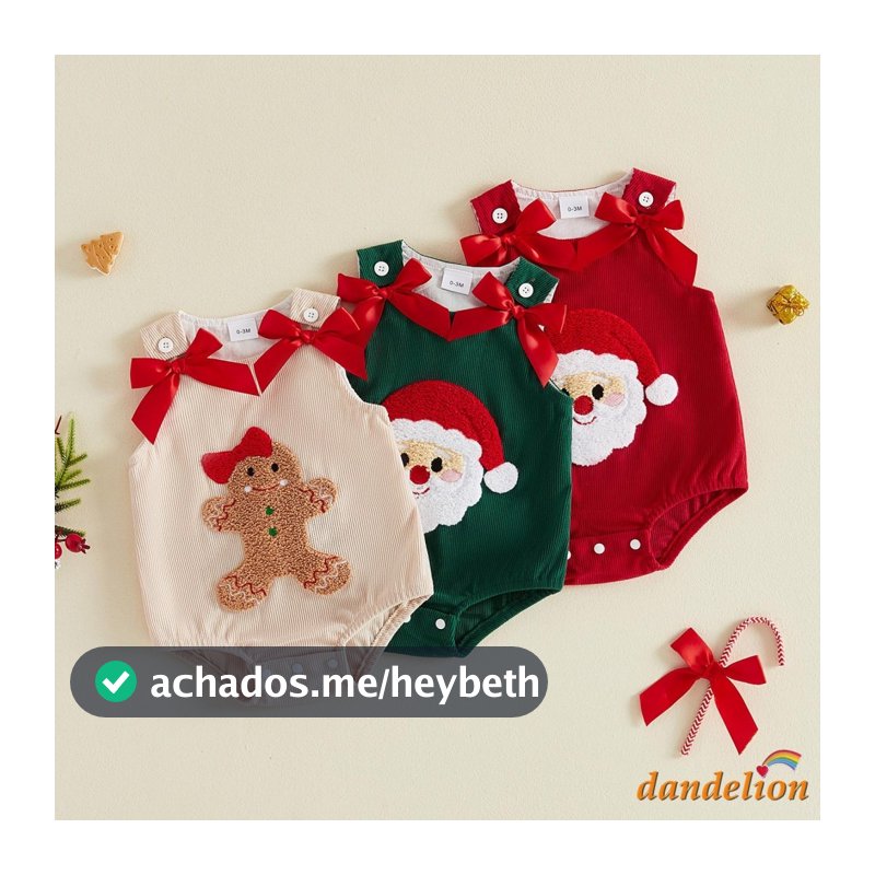 Macacão De Natal Para Bebês Meninas E Meninos Sem Mangas Com Bordado De Papai Noel