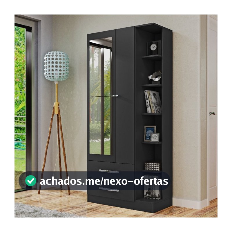 Guarda Roupa Solteiro com Espelho 2 Portas 2 Gavetas Moju  Preto/Fosco