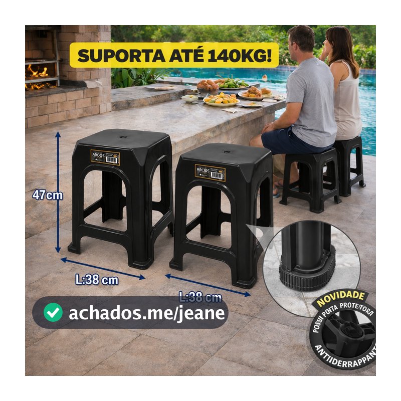 Kit 4 Banquetas Plástica ARCOS Preta Lisa Reforçada Resistente Até 140kg Cozinha Balcão Imediato