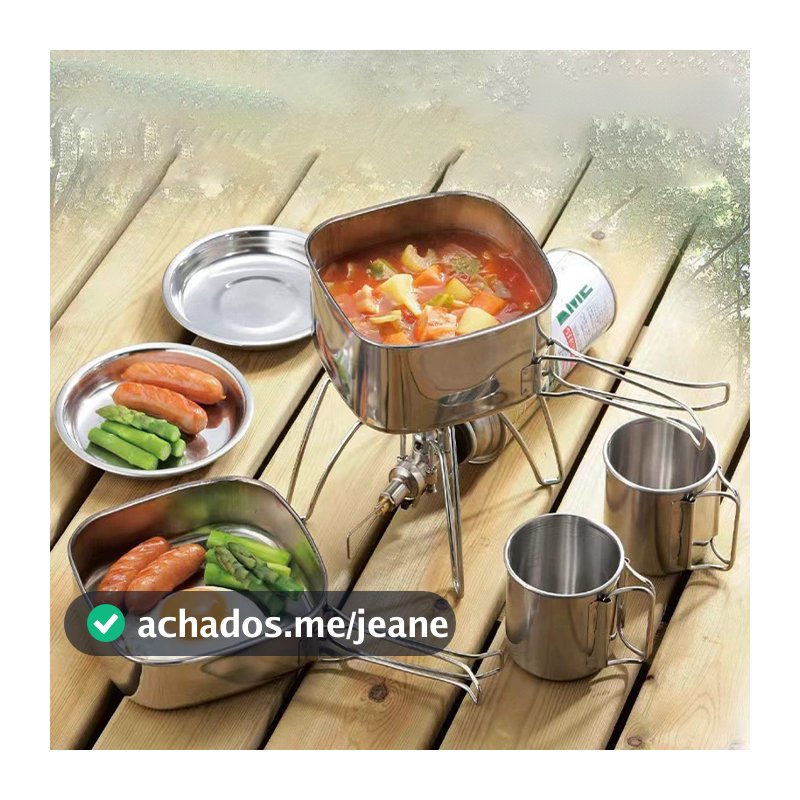 Kit Panelas Aço Inox Compactas para Camping Trekking Panelas Pescaria Completo Portátil Pesca Mochilão com Canecas