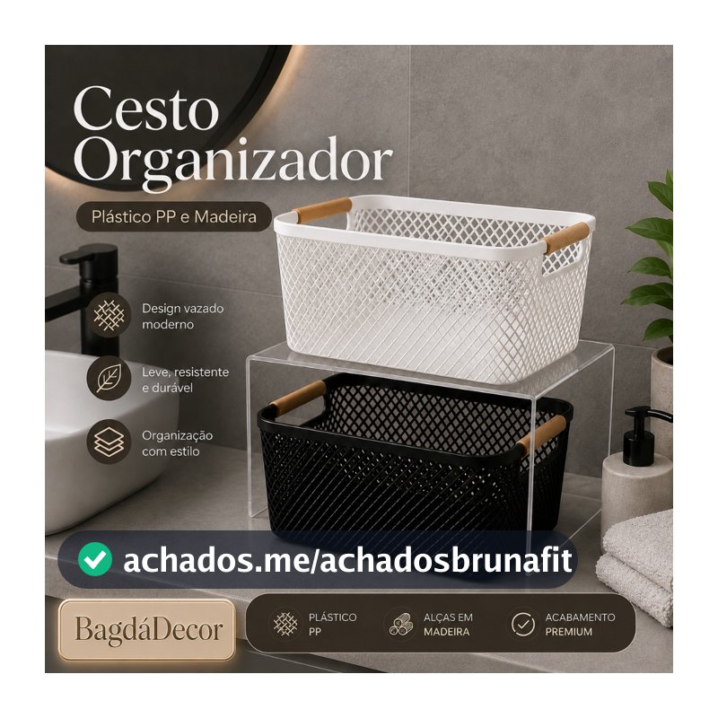 Cesto Organizador de Plástico com Alça de Bambu – Preto ou Branco, Tamanhos M e G Cozinha Banheiro