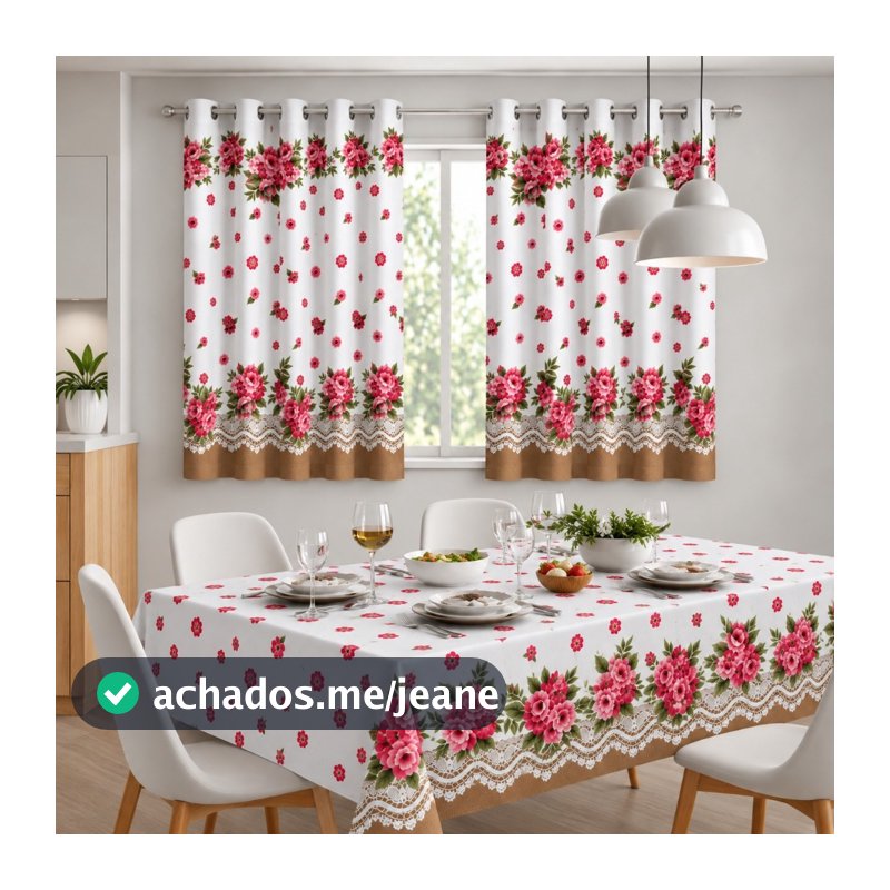 Kit Cortina 2,00 Para Cozinha + Toalha De Mesa Posta 4 e 6 Lugares - Kit Decorativo para Sala de Jantar, Cozinha e Casa
