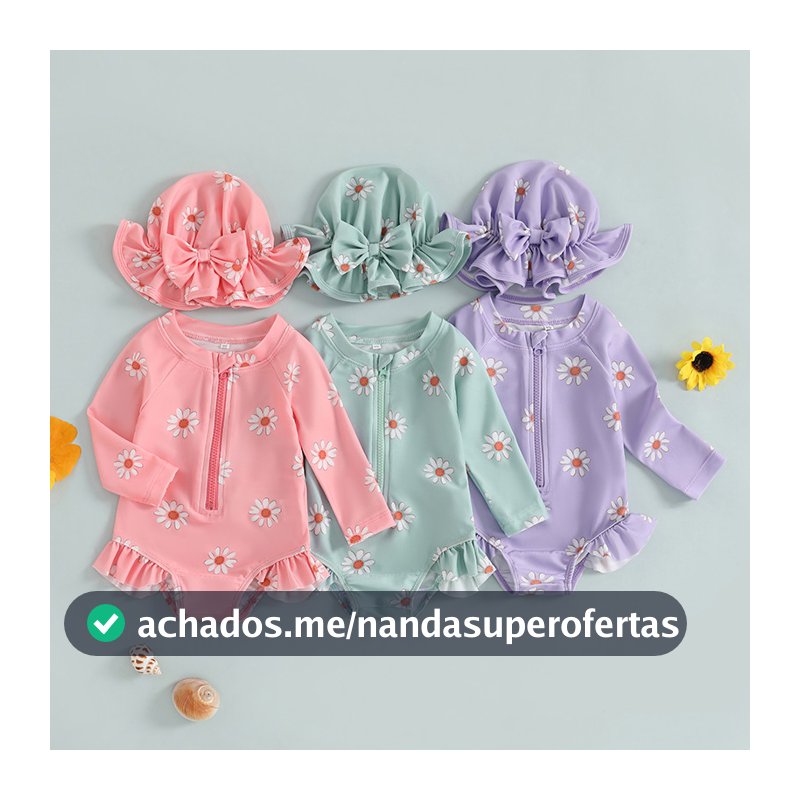 Biquíni Com Zíper E Estampa Floral De Manga Comprida Para Bebês Meninas Chapéu Roupa De Banho Recém-Nascidos