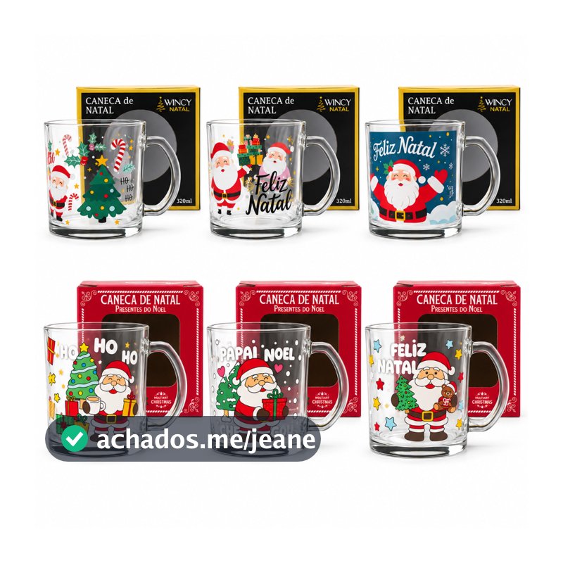 Kit 12 Canecas Natalinas De Vidro Presente De Natal Papai Noel Atacado Xícara
