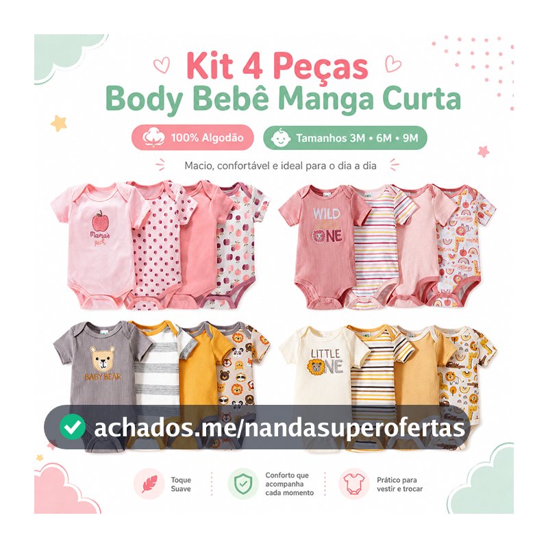 Payifang Kit Body Bebê Menina e Body Bebe Menino 4 Peças 100% Algodão Manga Curta Estampado
