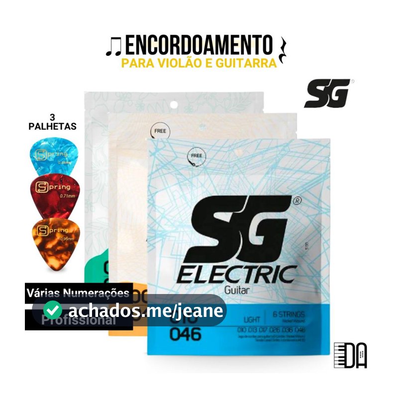 Kit Encordoamento SG Para Violão Guitarra Ukulele Várias Numerações com 3 Palhetas Spring