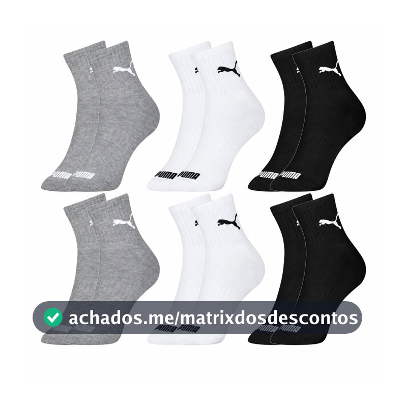 Kit com 6 Pares Meias Puma Cano Médio Alto Algodão Meia Adulto Masculino Feminino Esportiva Original