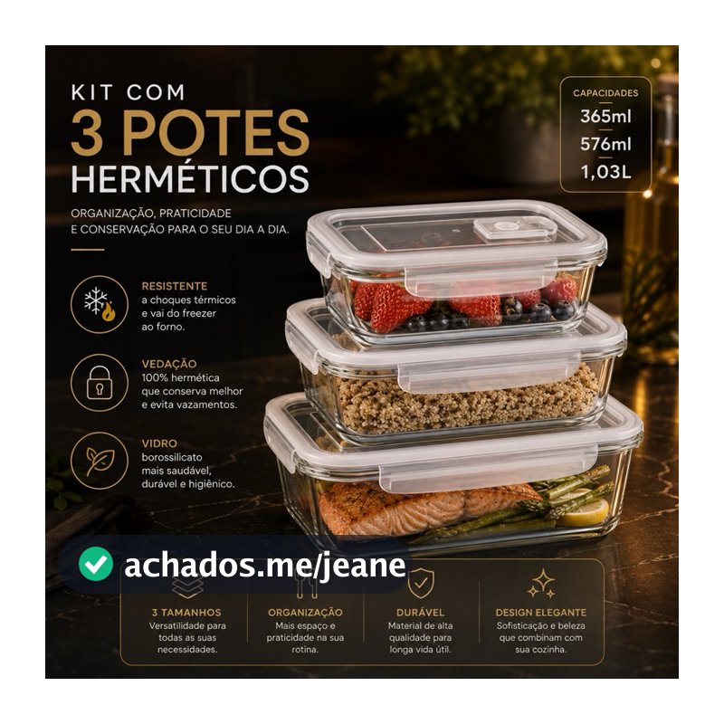 Kit 3 Potes de Vidro Retangular Borossilicato Hermetico 1,03L/576ml/365ml Marmita Fitness