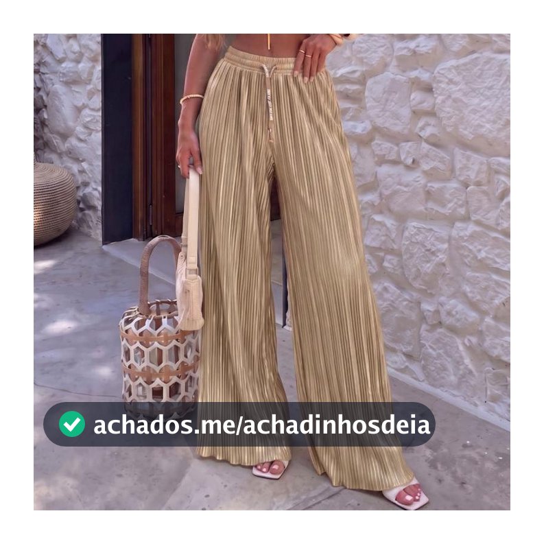Calça Pantalona Wide Leg Plissada Feminina Cintura Alta Brilho Larga Elegante
