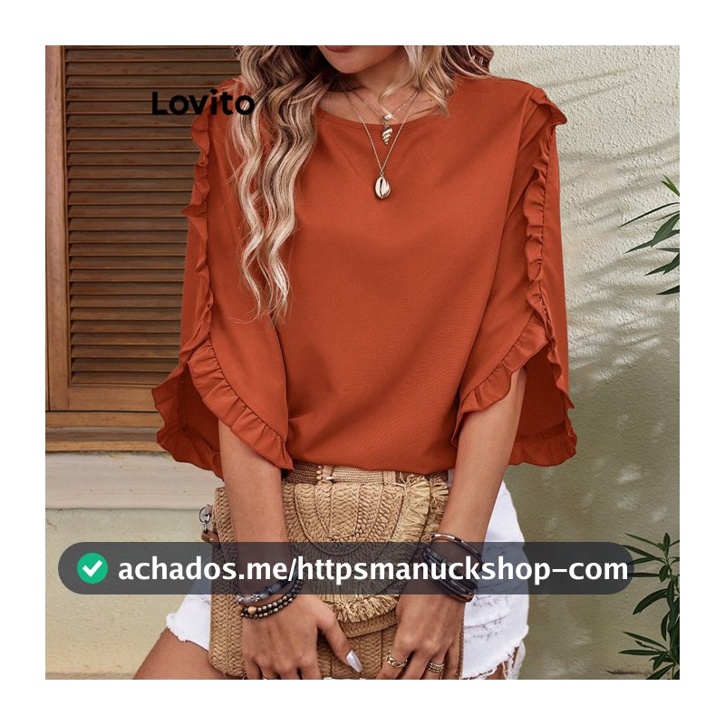 Lovito Blusa Casual Blusa Lisa Com Acabamento Ondulado Com Babados Para Mulheres LBL17078