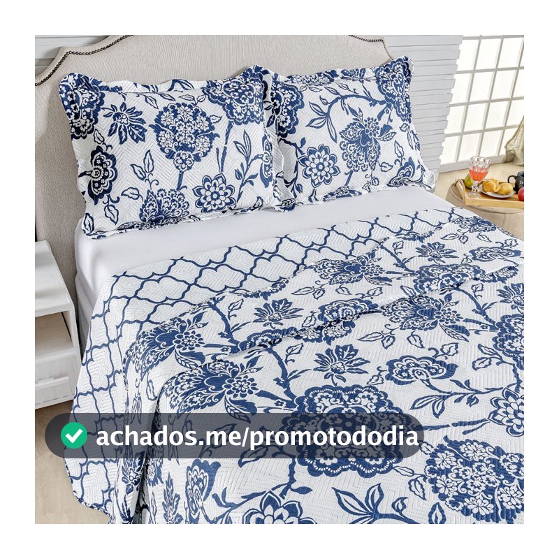 Kit Cobre Leito Colcha Queen Bouti 3 Peças Dupla Face Estampada Porta Travesseiro Aba Americana