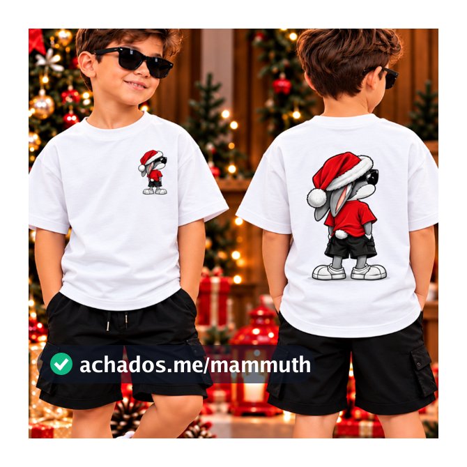 CAMISETA INFANTIL NATALINA 2026 | Coelhinho Estiloso com Gorro de Papai Noel | Estampa Frente e Costas | Moda Streetwear