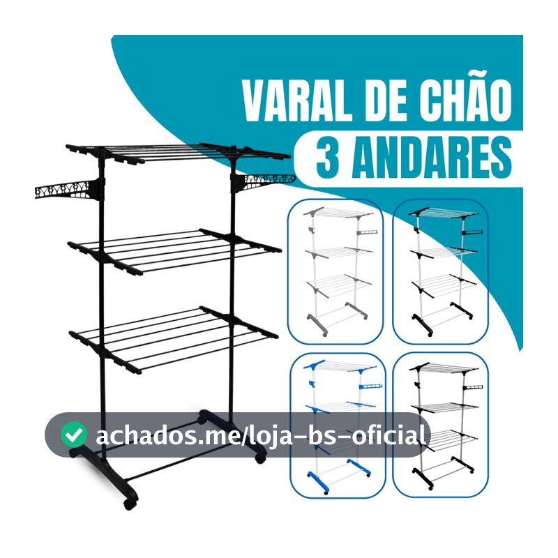 Varal De Chão 3 Andares Para Roupas e Calcinhas 4 Rodas Dobrável Reforçado e Portátil