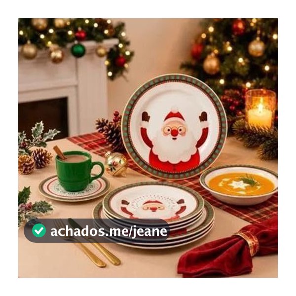 Aparelho de Jantar Natalino 16 Peças com Pratos Xícaras e Pires Papai Noel