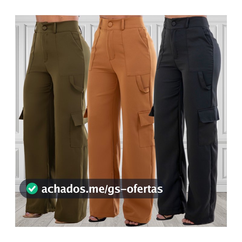 Calça Alfaiataria Social Feminina Pantalona Cargo Wide Leg Bolsos Cós Alto