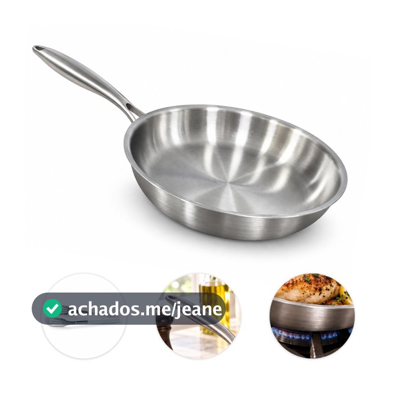 Frigideira 304 Inox 26cm Sem Revestimento Antiaderente - Fundo Triplo - Vai ao Forno e Lava-Louças