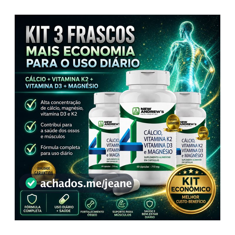 Kit 3x Magnésio + Cálcio + Vitamina D3 e K2 180 Cápsulas | Fortalecimento Ósseo Completo + Mais Disposição