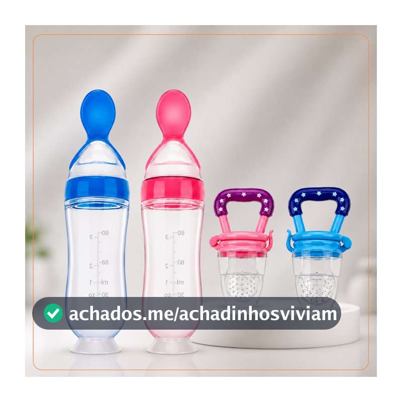 Alimentação Infantil Chupeta Mordedor Porta Frutas e Mamadeira de Silicone com Colher Dosadora 90ml