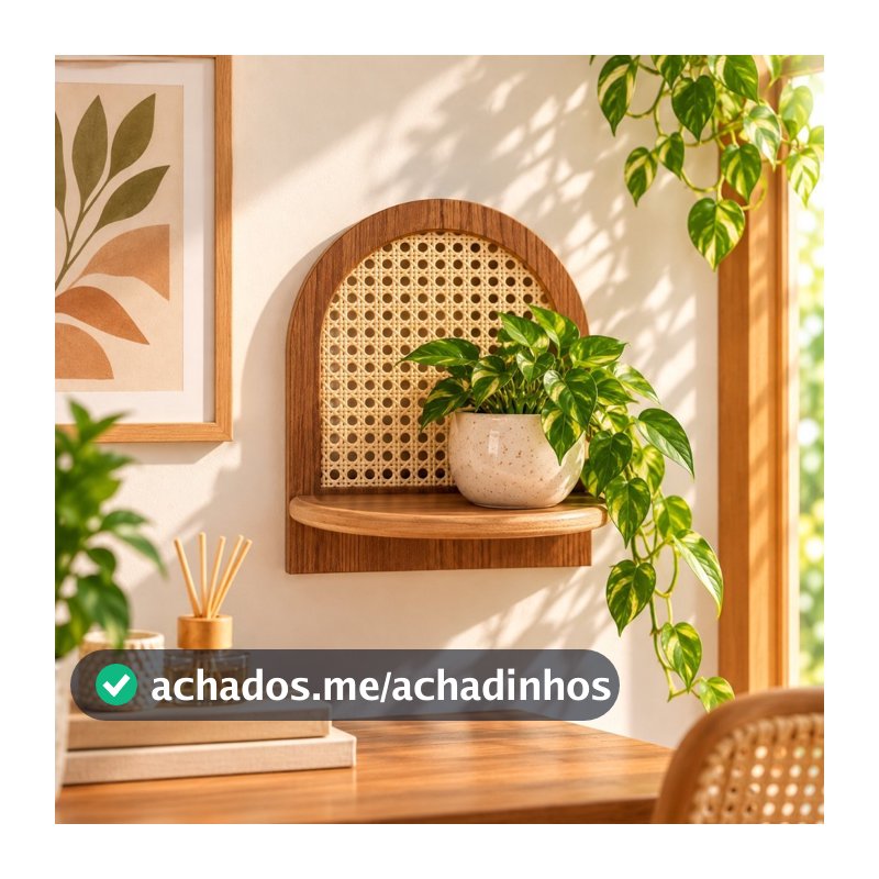 Prateleira Decorativa Boho com Palha Indiana Natural MDF Parede Arredondada