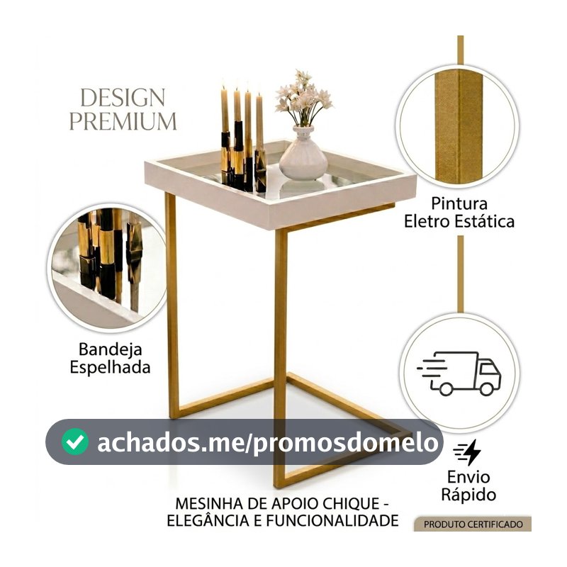 Mesa Lateral Luxo Espelhada para Sofá Sala Decorativa Moderna Resistente e Sofisticada